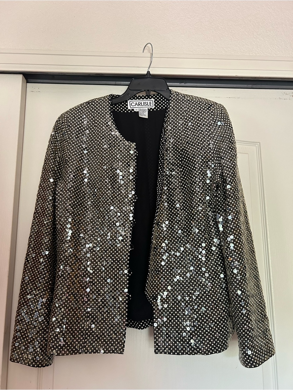 Carlisle Silver Sequin Open-Front Jacket with padded shoulders.
